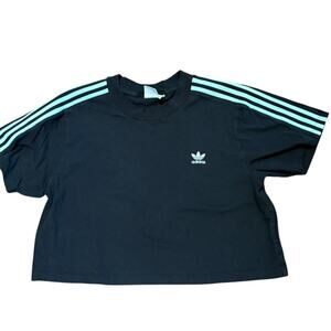 Adidas Black Cropped Tee with Aqua Stripes in a a Women’s XL
